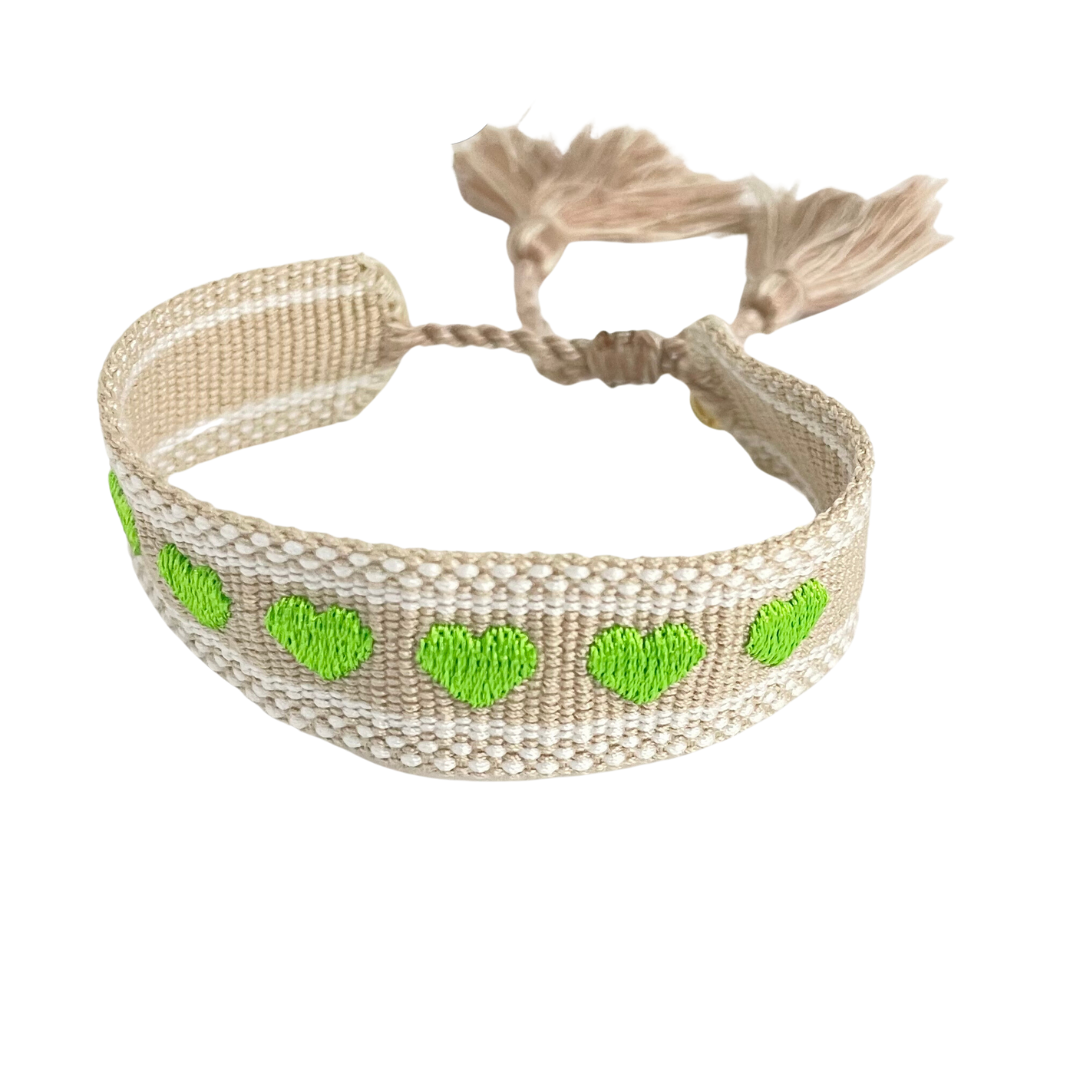 Caryn Lawn Woven Friendship Bracelet Neon Lime Hearts
