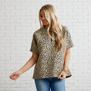 Caryn Lawn Betsy Jacquard Top Gold and Navy