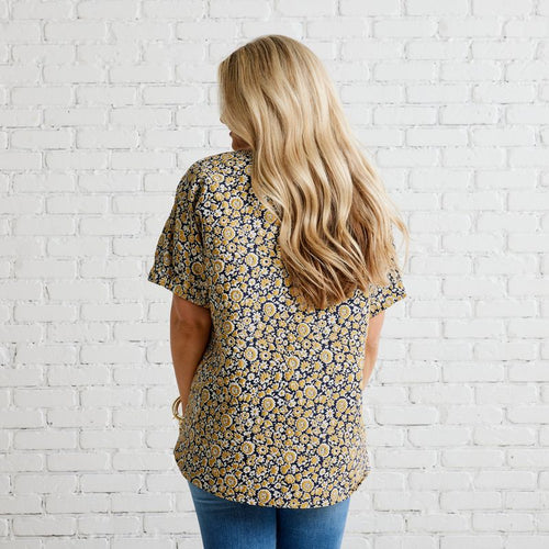 Caryn Lawn Betsy Jacquard Top Gold and Navy