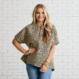 Caryn Lawn Betsy Jacquard Top Gold and Navy