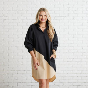 Caryn Lawn Preppy Asymmetrical Dress Black and Khaki