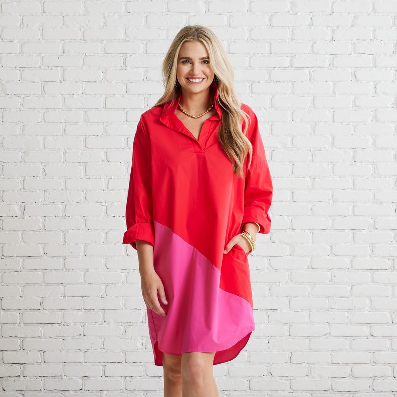 Caryn Lawn Preppy Asymmetrical Dress Red and Fuchsia