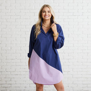 Caryn Lawn Preppy Asymmetrical Dress Navy and Lavender