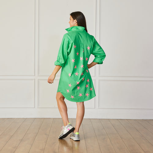 Preppy Dress Kelly Green with Pink Stars