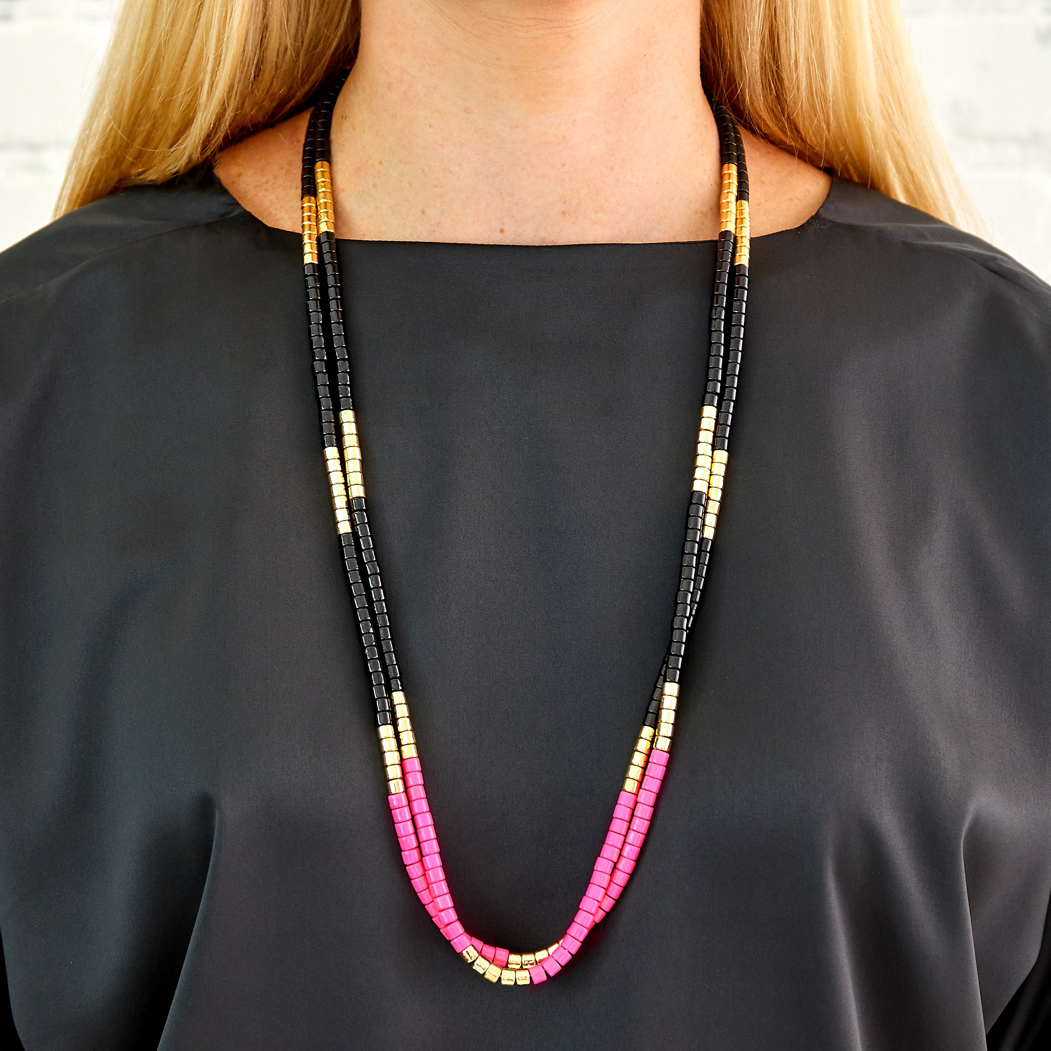 Caryn Lawn Long Laguna Necklace - Black/Pink/Gold