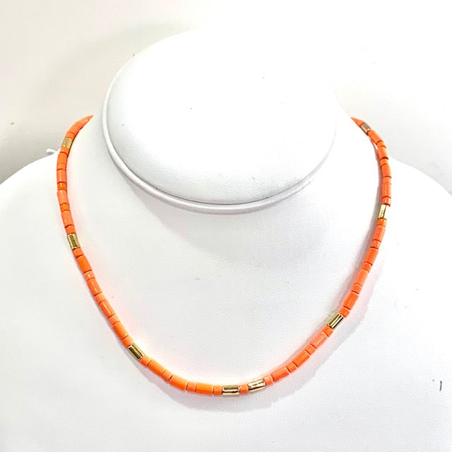 Tube Tile Necklace- Neon Orange.Gold