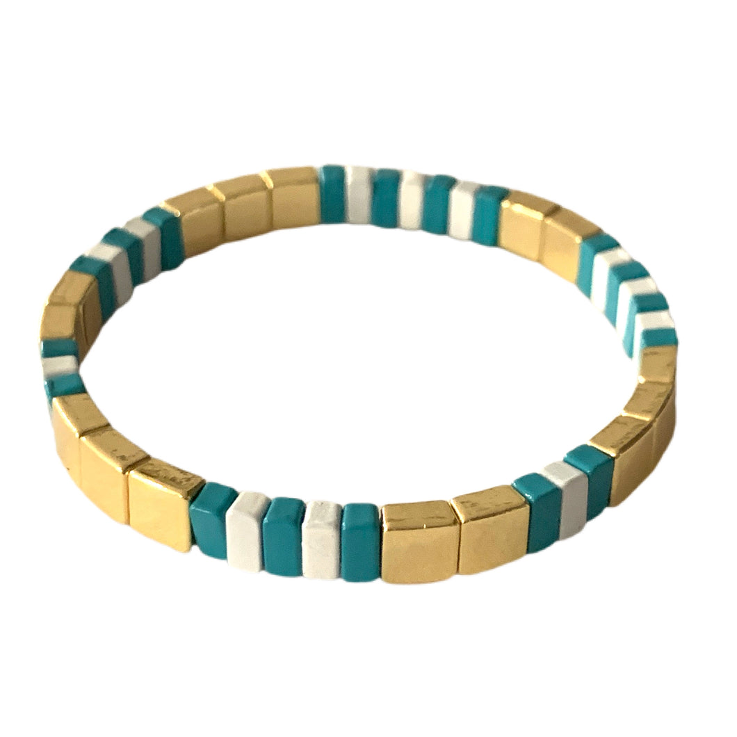 Tiny Tile Bracelet - Gold Turq/White Stripe