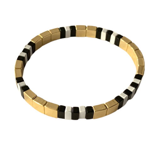 Tiny Tile Bracelet- Gold Black/White Stripe