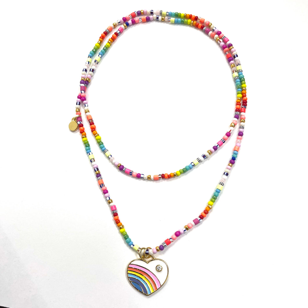 Enamel rainbow heart necklace White