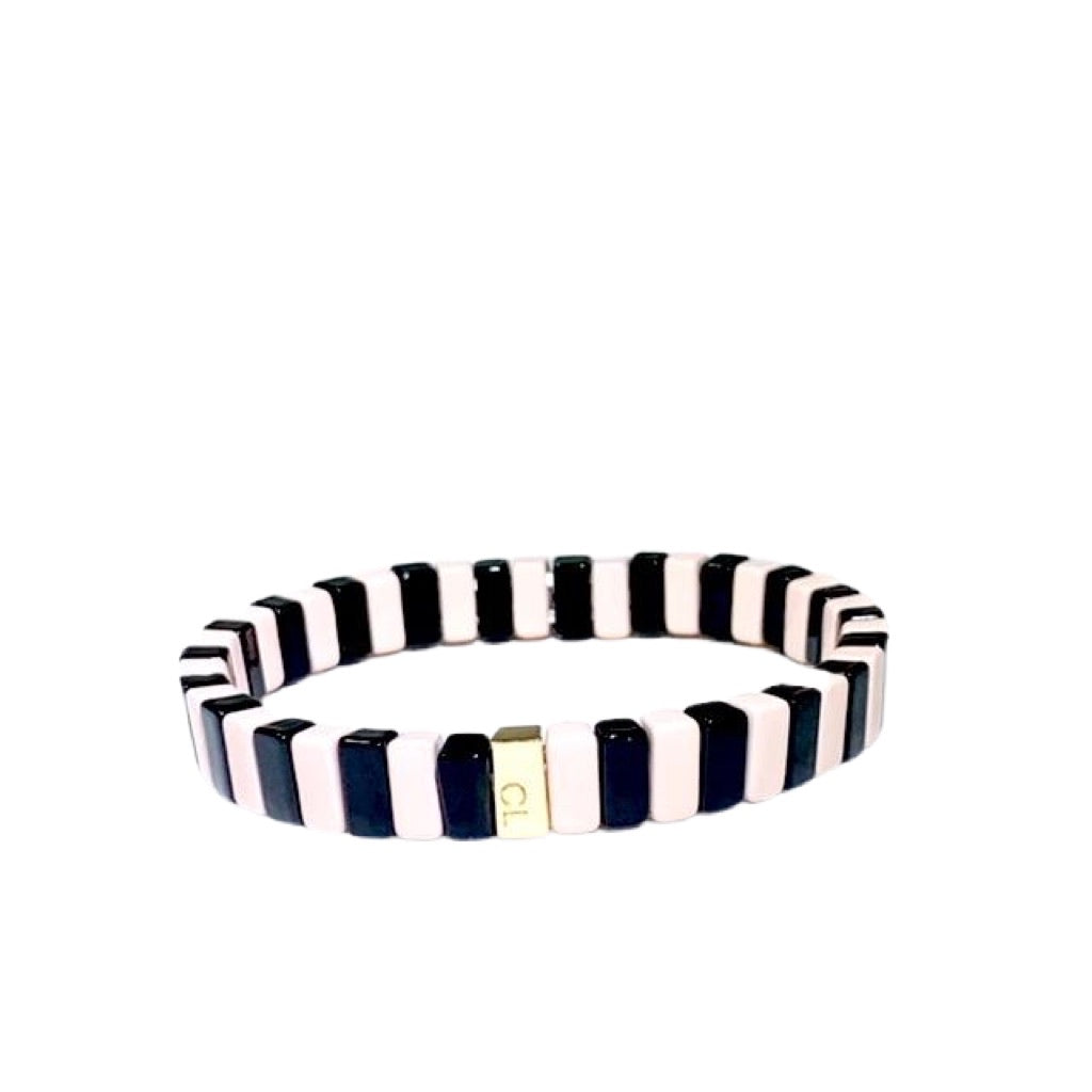 Tile Bead Bracelet - Pale Pink/Black Rectangular